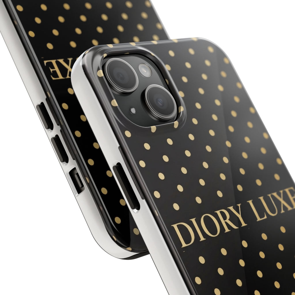 DIORY LUXE Polka Dot Tough Phone Case — Black & Gold Protective iPhone Cover