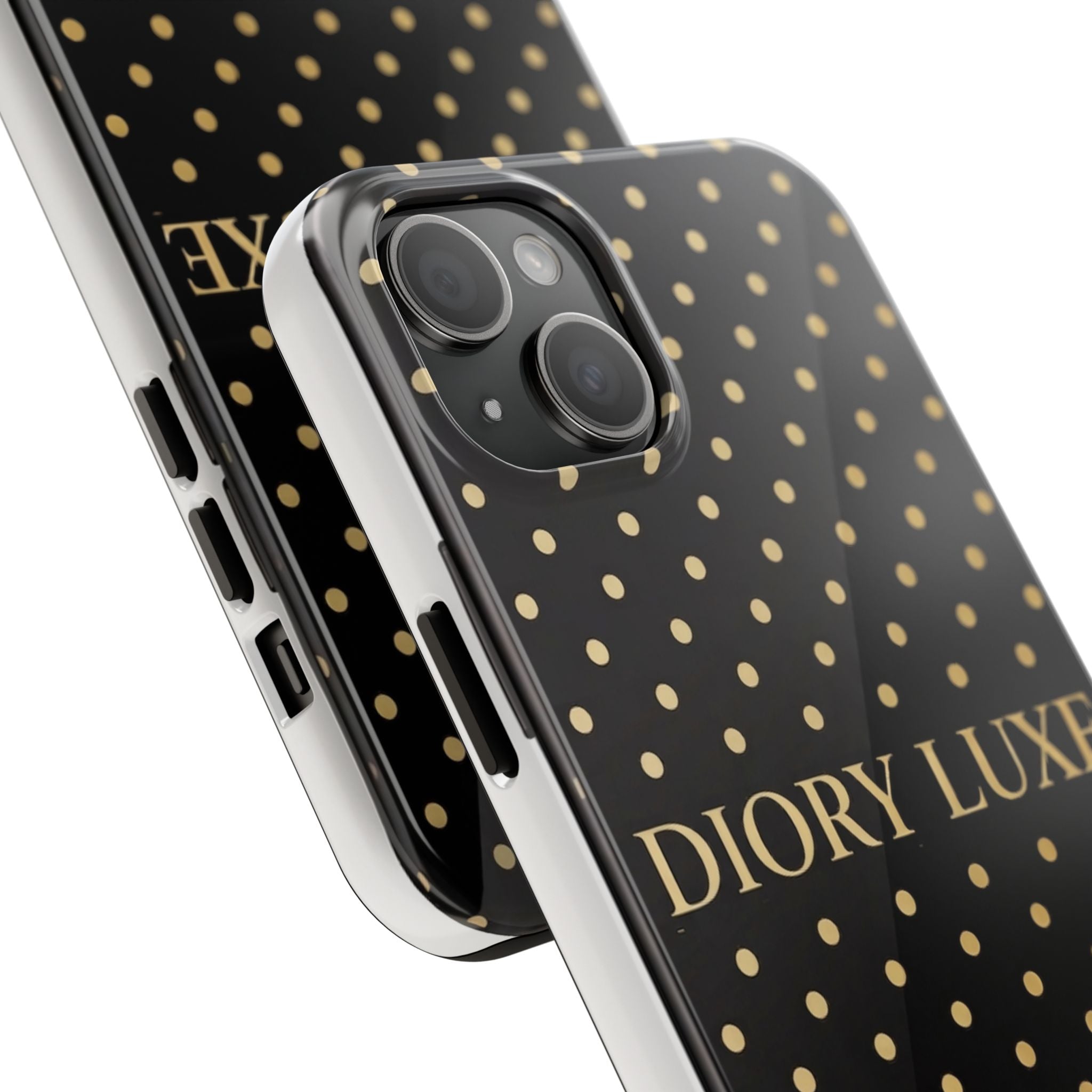 DIORY LUXE Polka Dot Tough Phone Case — Black & Gold Protective iPhone Cover