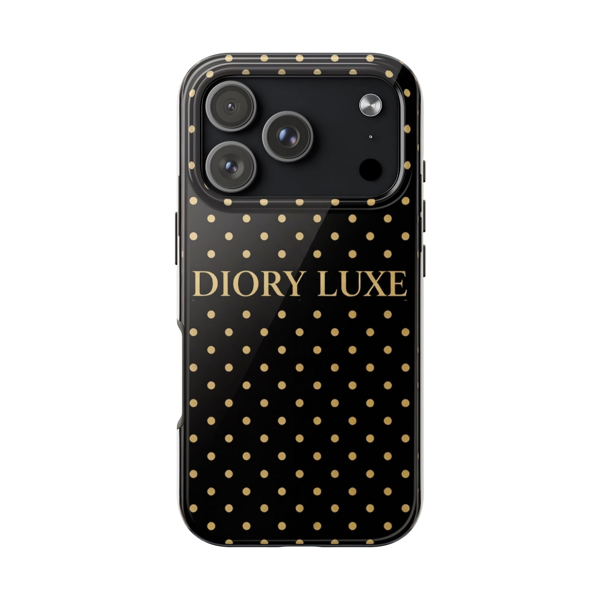 DIORY LUXE Polka Dot Tough Phone Case — Black & Gold Protective iPhone Cover